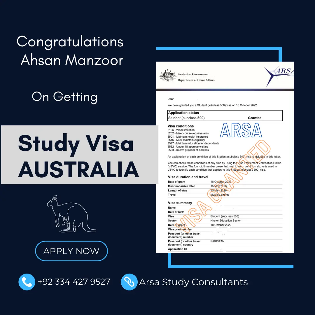 Congratulations Ahsan on getting Australia study visa 2023 By ARSA Study Consultants