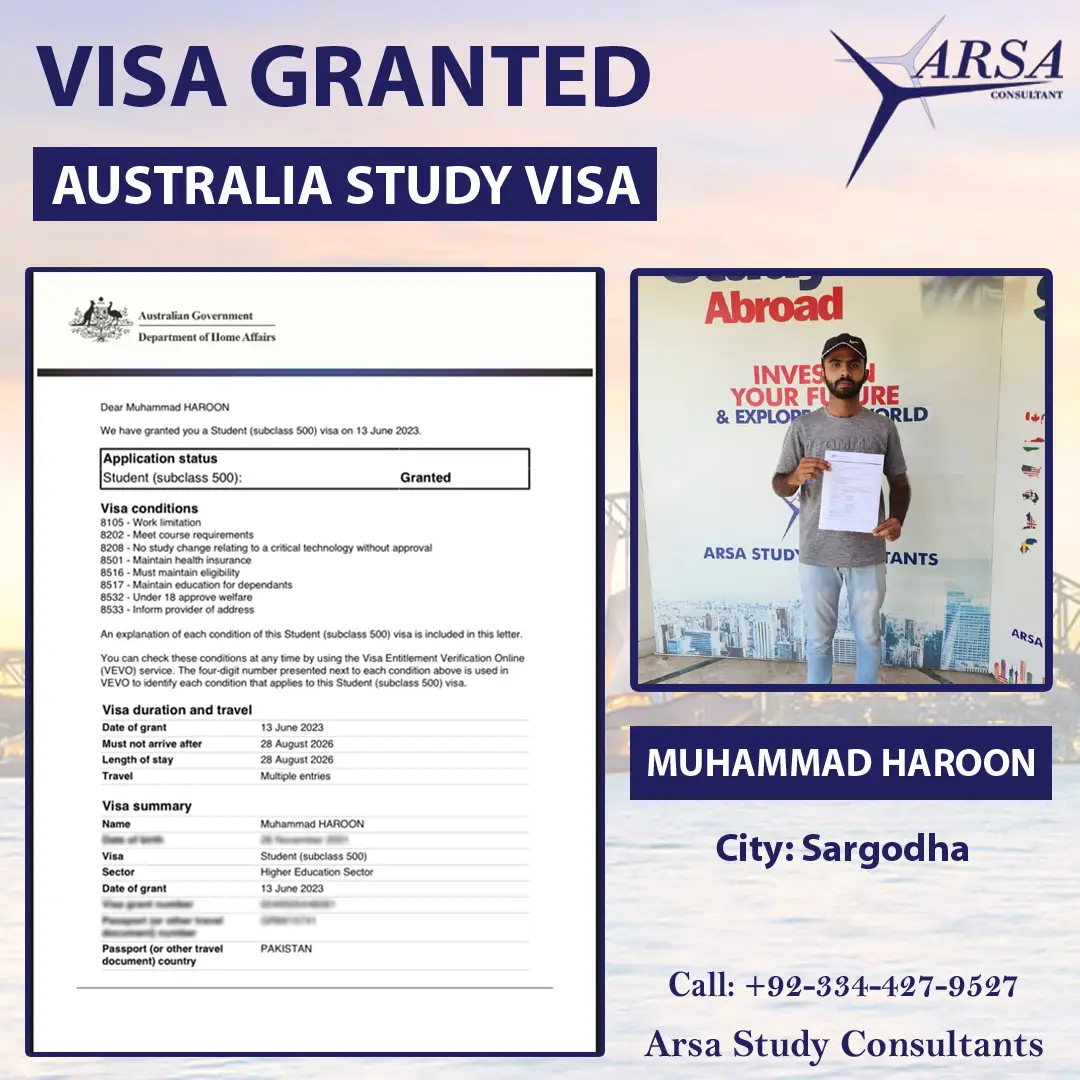 Congratulations Muhammad Haroon on Getting Australia Study VISA 2023 By ARSA Study Consultants