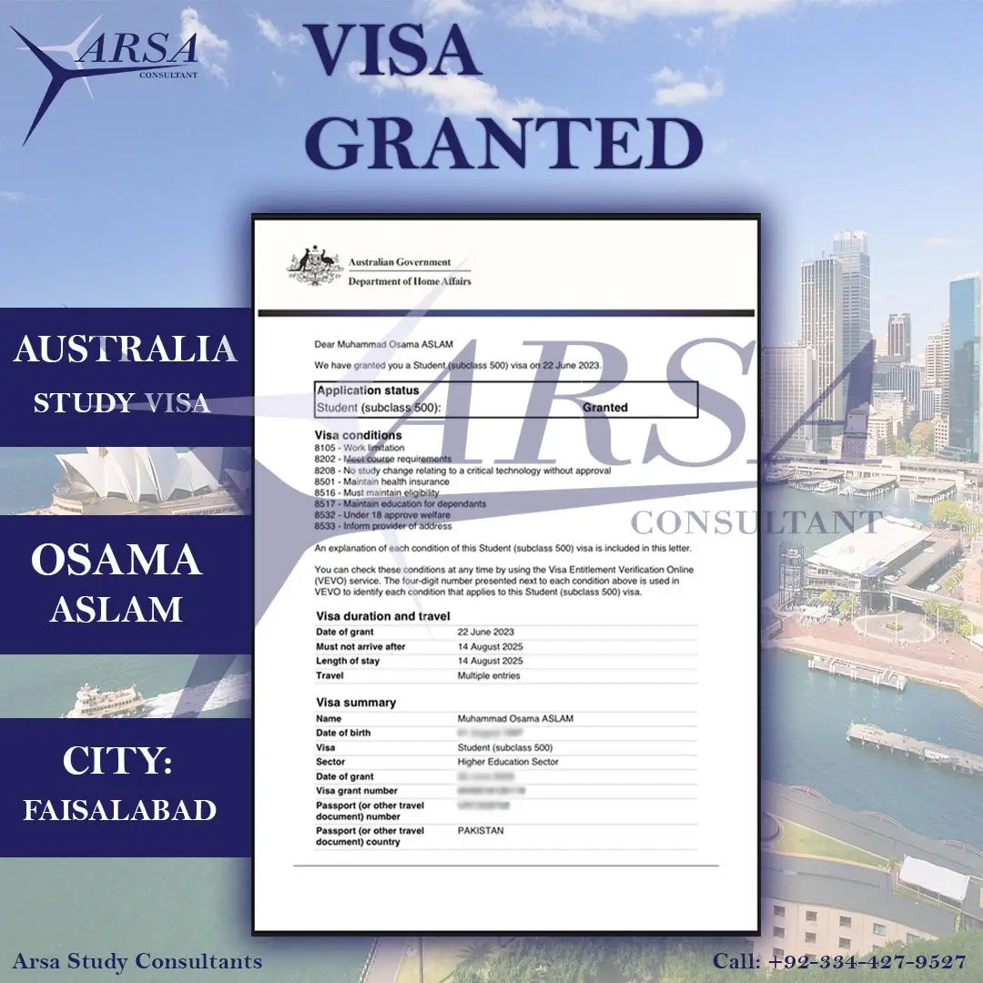 Congratulations Osama Aslam on getting Australia Study VISA by ARSA Study Consultants
